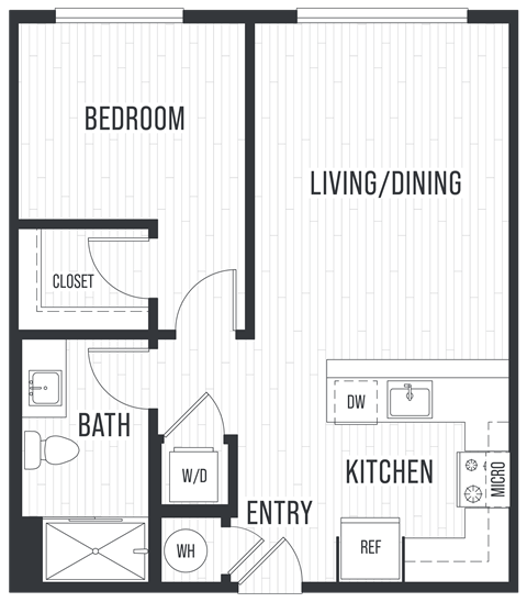 Floor plan for 1 bed, 1 bath, 643 sqft
