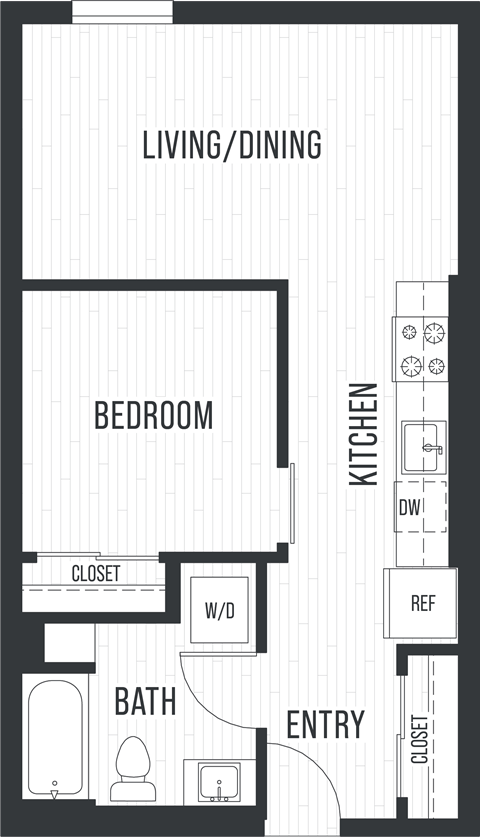 Floor plan for 1 bed, 1 bath, 646 sqft