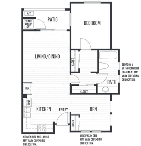 Floor plan for 1 bed, 1 bath, 760 sqft