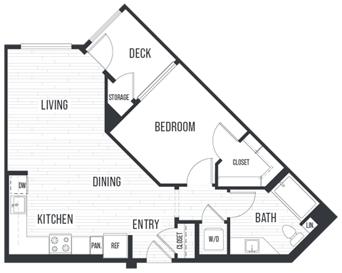 Floor plan for 1 bed, 1 bath, 737 sqft