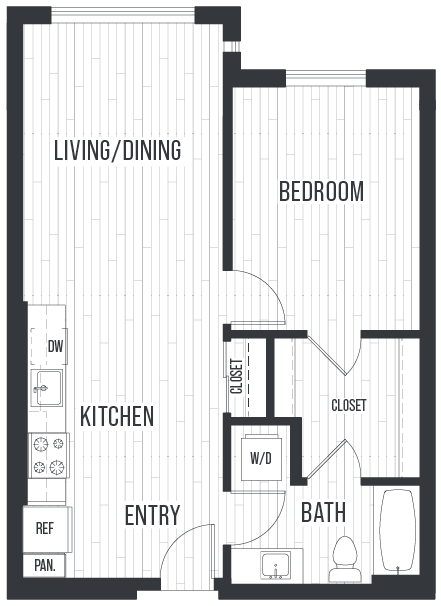Floor plan for 1 bed, 1 bath, 675 sqft