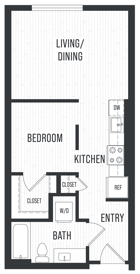 Floor plan for 1 bed, 1 bath, 574 sqft