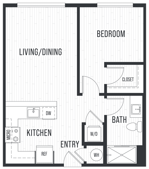 Floor plan for 1 bed, 1 bath, 643 sqft