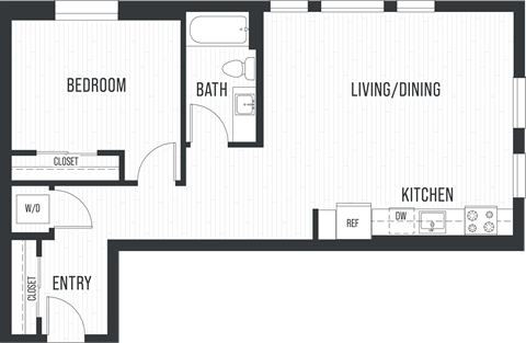Floor plan for 1 bed, 1 bath, 860 sqft