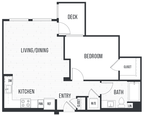 Floor plan for 1 bed, 1 bath, 739 sqft