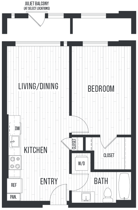 Floor plan for 1 bed, 1 bath, 677 sqft