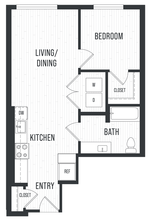 Floor plan for 1 bed, 1 bath, 655 sqft