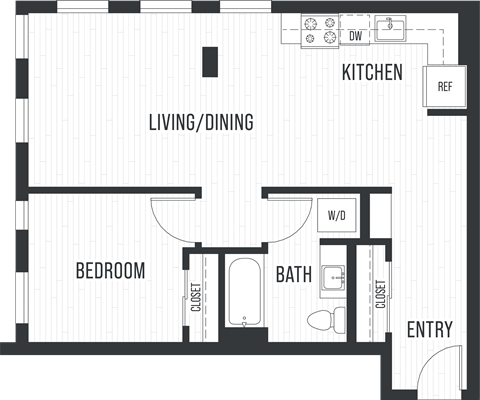 Floor plan for 1 bed, 1 bath, 743 sqft