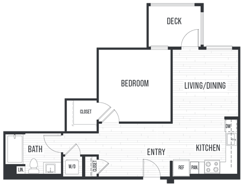 Floor plan for 1 bed, 1 bath, 729 sqft