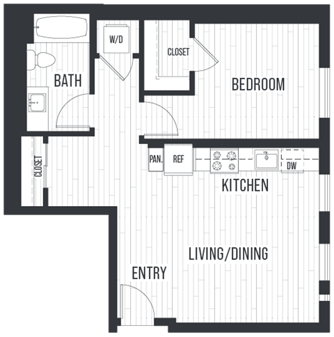 Floor plan for 1 bed, 1 bath, 713 sqft