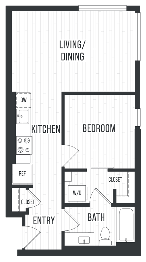Floor plan for 1 bed, 1 bath, 637 sqft