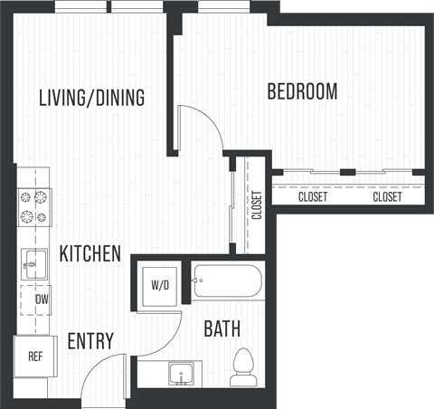 Floor plan for 1 bed, 1 bath, 603 sqft