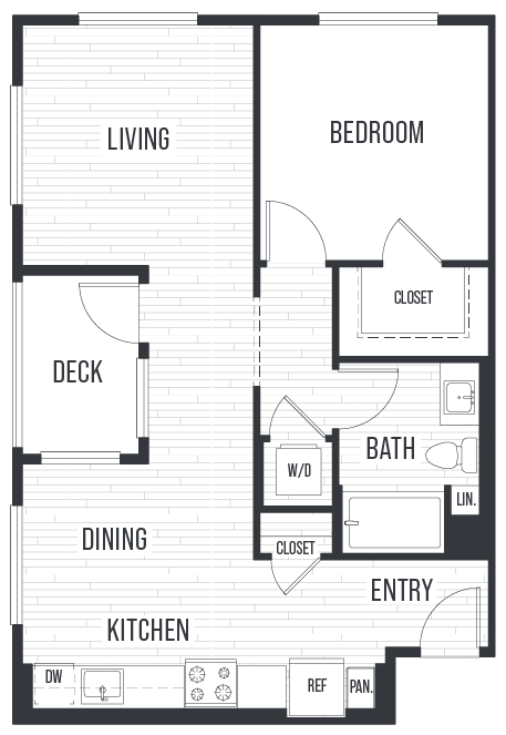 Floor plan for 1 bed, 1 bath, 837 sqft