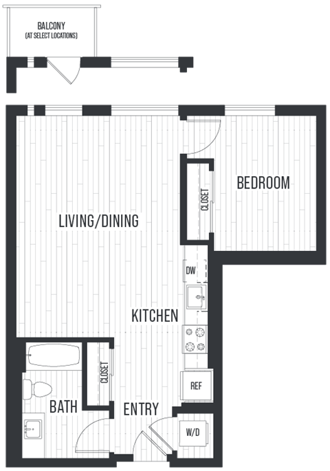Floor plan for 1 bed, 1 bath, 722 sqft