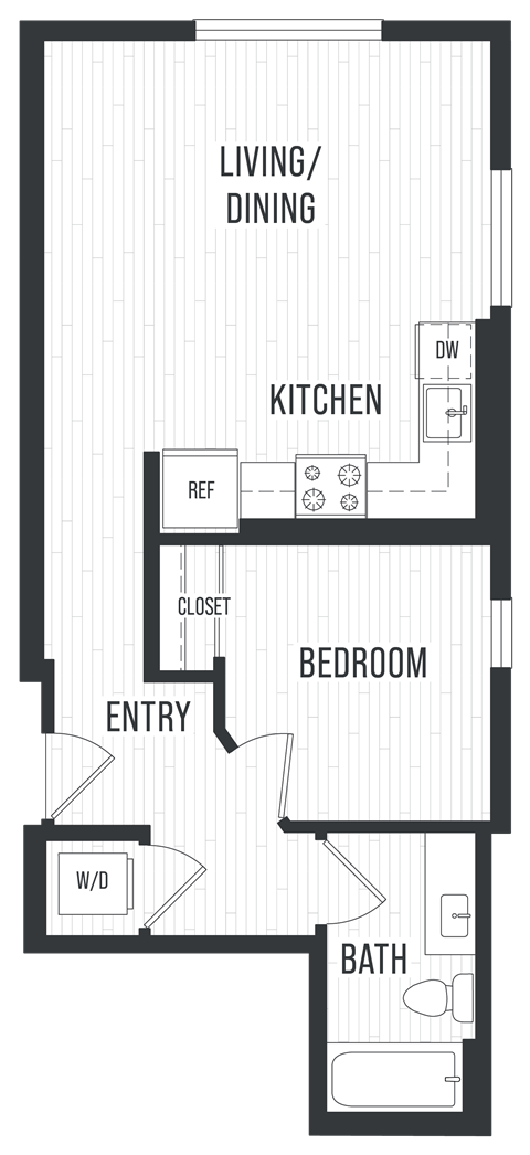 Floor plan for 1 bed, 1 bath, 629 sqft
