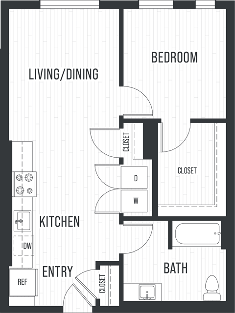 Floor plan for 1 bed, 1 bath, 736 sqft