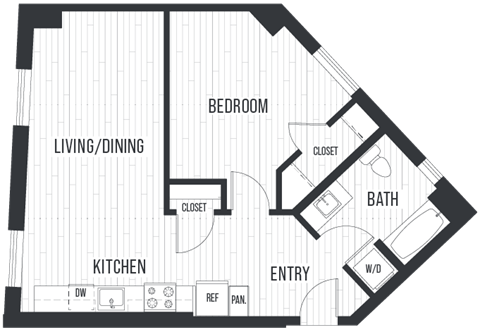 Floor plan for 1 bed, 1 bath, 866 sqft