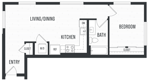 Floor plan for 1 bed, 1 bath, 673 sqft