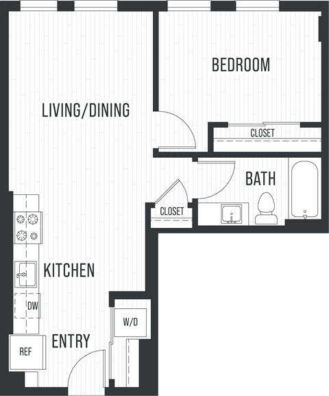 Floor plan for 1 bed, 1 bath, 636 sqft