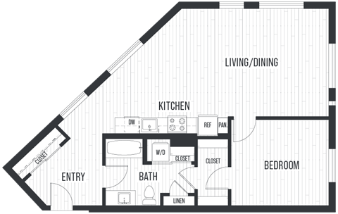 Floor plan for 1 bed, 1 bath, 957 sqft
