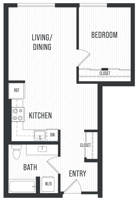 Floor plan for 1 bed, 1 bath, 677 sqft