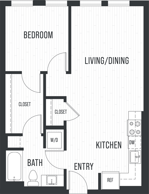 Floor plan for 1 bed, 1 bath, 779 sqft