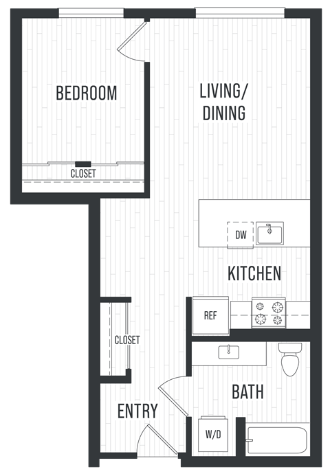 Floor plan for 1 bed, 1 bath, 678 sqft