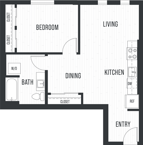 Floor plan for 1 bed, 1 bath, 767 sqft