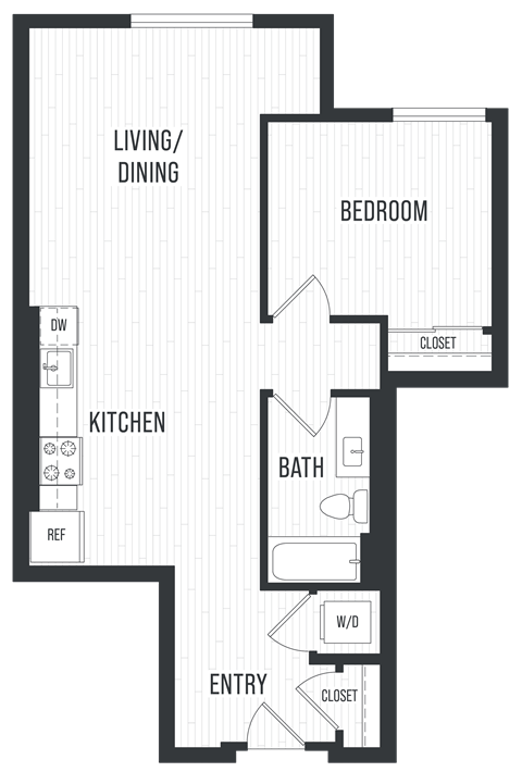 Floor plan for 1 bed, 1 bath, 781 sqft