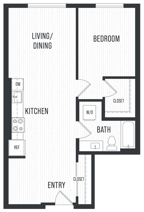 Floor plan for 1 bed, 1 bath, 785 sqft