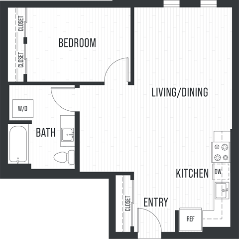 Floor plan for 1 bed, 1 bath, 781 sqft