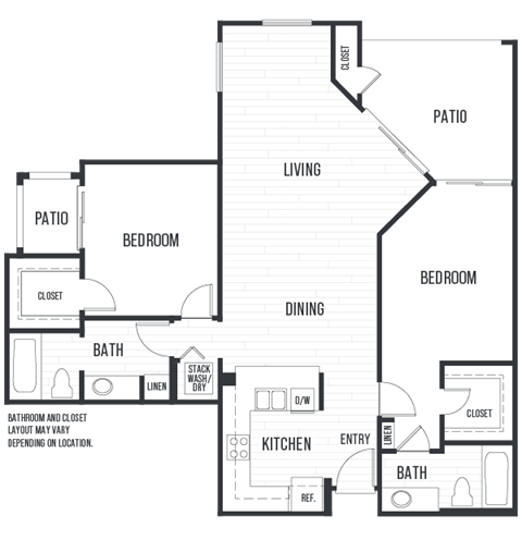 Floor plan for 2 beds, 2 baths, 1164 sqft