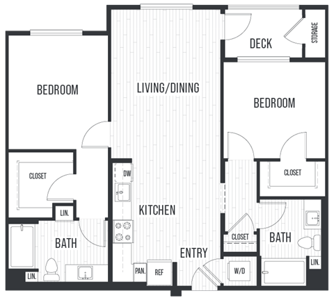 Floor plan for 2 beds, 2 baths, 1083 sqft