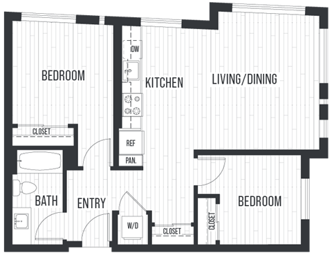 Floor plan for 2 beds, 1 bath, 885 sqft