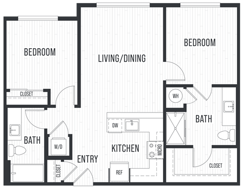Floor plan for 2 beds, 2 baths, 933 sqft