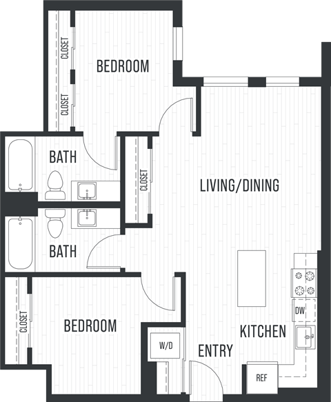 Floor plan for 2 beds, 2 baths, 876 sqft