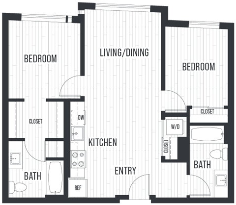 Floor plan for 2 beds, 2 baths, 977 sqft