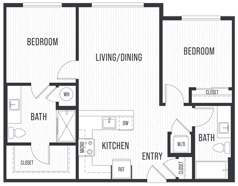 Floor plan for 2 beds, 2 baths, 933 sqft
