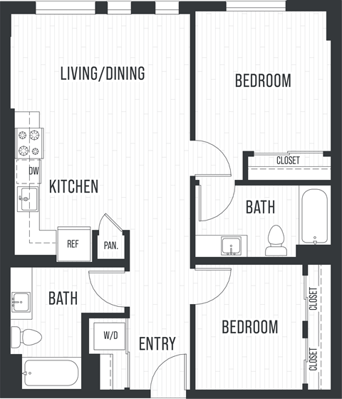 Floor plan for 2 beds, 2 baths, 923 sqft
