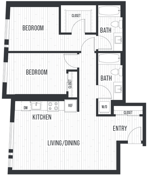 Floor plan for 2 beds, 2 baths, 1005 sqft