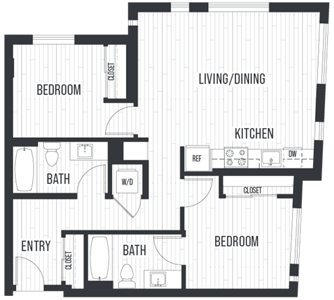 Floor plan for 2 beds, 2 baths, 1009 sqft