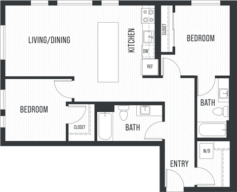 Floor plan for 2 beds, 2 baths, 1050 sqft