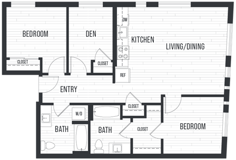 Floor plan for 2 beds, 2 baths, 1091 sqft