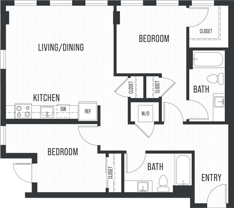Floor plan for 2 beds, 2 baths, 1063 sqft