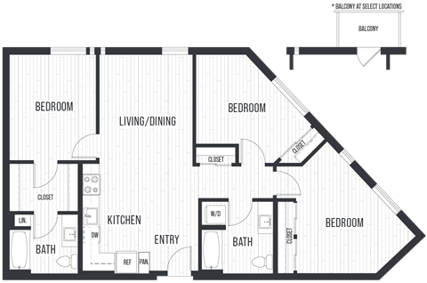 Floor plan for 3 beds, 2 baths, 1235 sqft