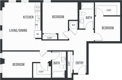 Floor plan for 3 beds, 2 baths, 1291 sqft