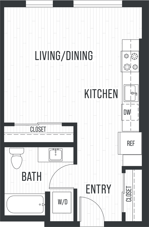 Floor plan for studio, 1 bath, 569 sqft