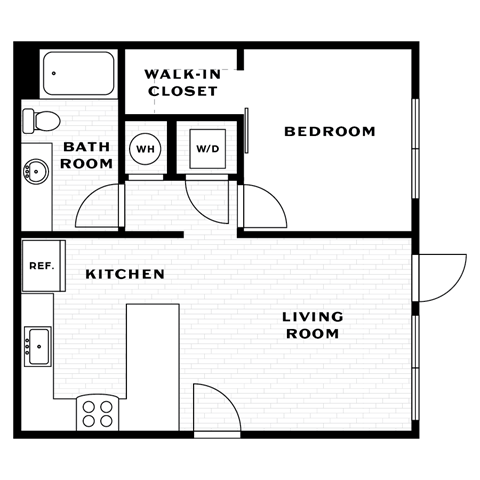 Floor plan for 1 bed, 1 bath, 640 sqft