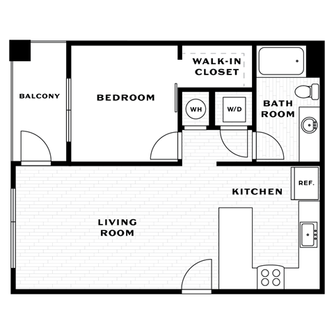 Floor plan for 1 bed, 1 bath, 716 sqft