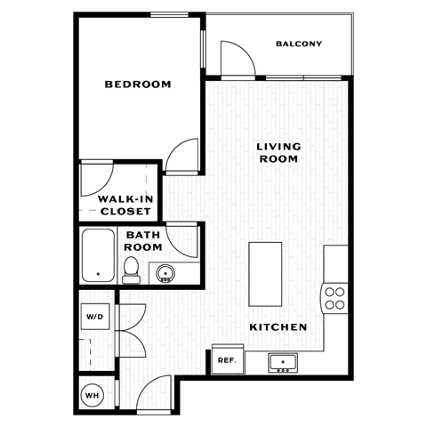 Floor plan for 1 bed, 1 bath, 735 sqft